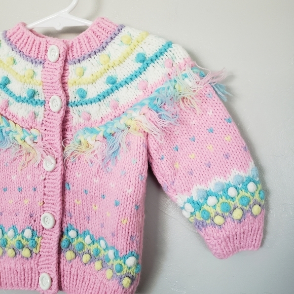 Baby Platinum Vintage Baby Girl 12 Months Knit Sweater Cardigan Pink Pom Fringe - Picture 4 of 6